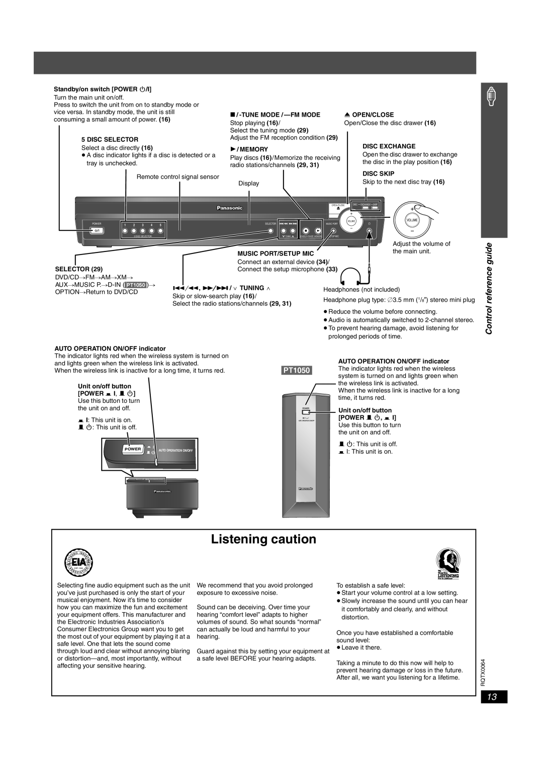 Panasonic SC-PT953, SCPT950, SCPT1050 operating instructions Listening caution, Control reference guide, Display 