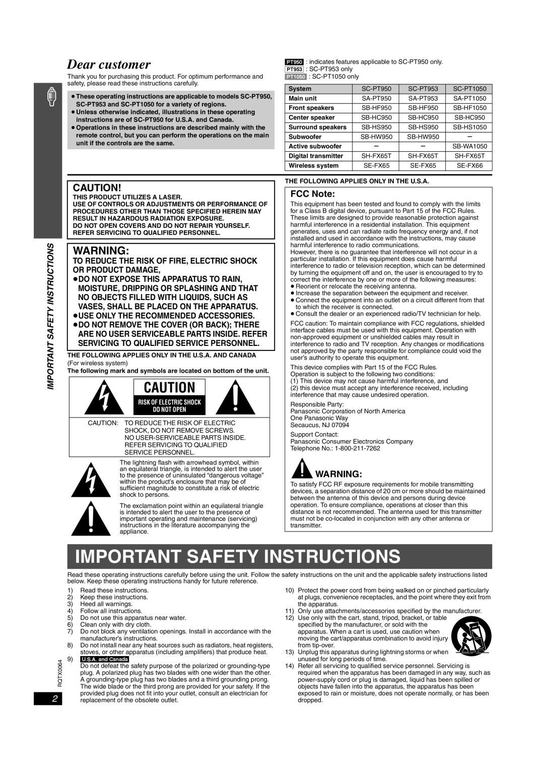 Panasonic SCPT1050, SCPT950, SC-PT953 FCC Note, Important Safety Instructions, ≥Do Not Expose This Apparatus To Rain 