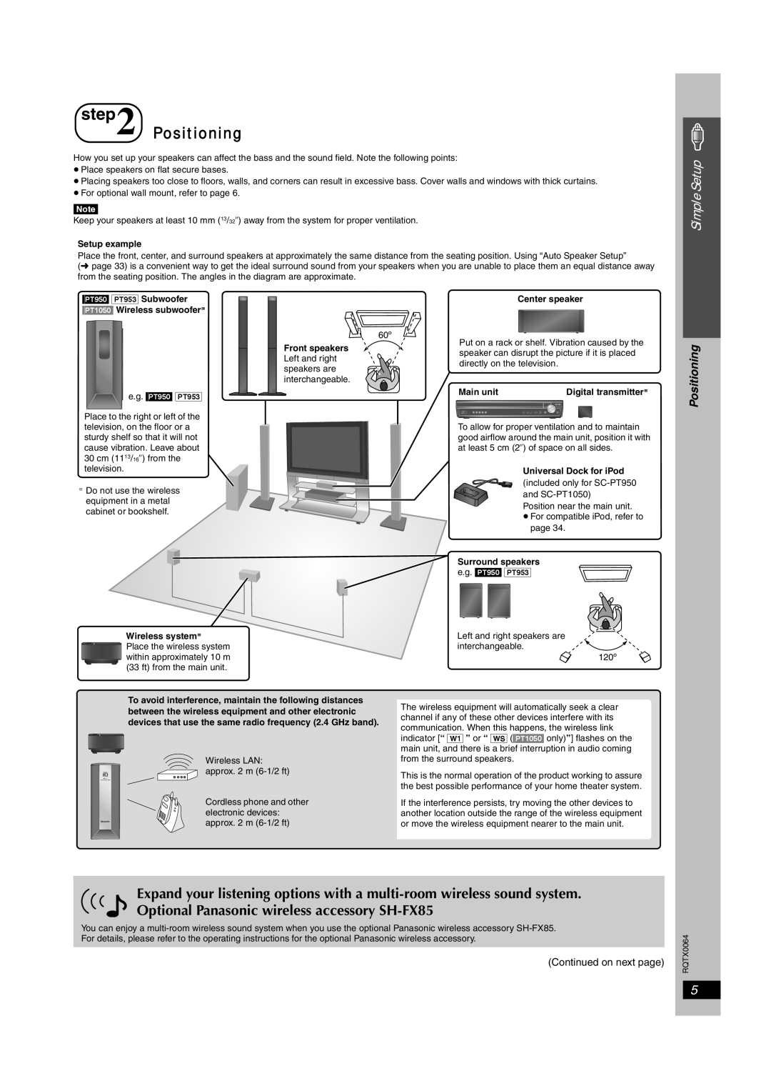 Panasonic SCPT1050, SCPT950, SC-PT953 Positioning, Simple Setup, Continued on next page, e.g. PT950 PT953 