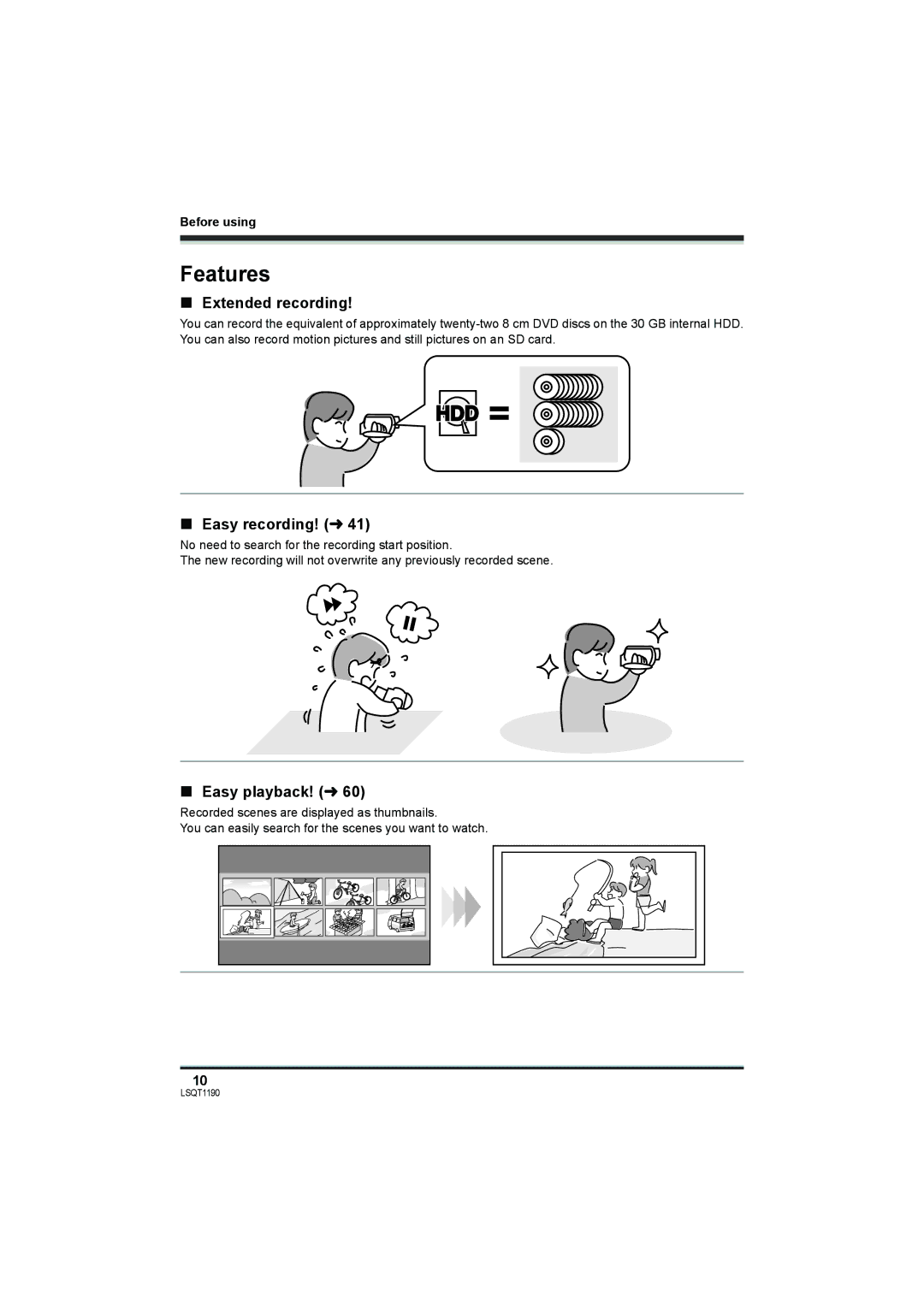 Panasonic SDR-H200, SDR-H18 Features, Extended recording, Easy recording! l41, Easy playback! l, Before using 