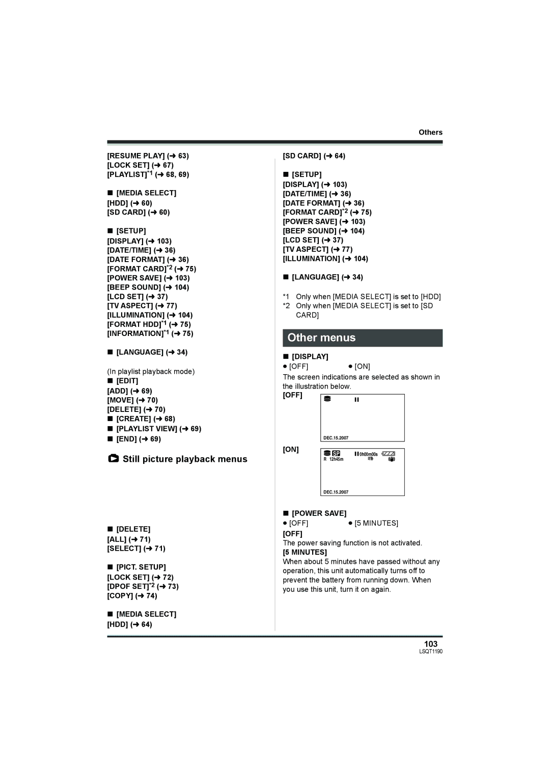 Panasonic SDR-H200, SDR-H18 operating instructions Other menus, Still picture playback menus, 103 