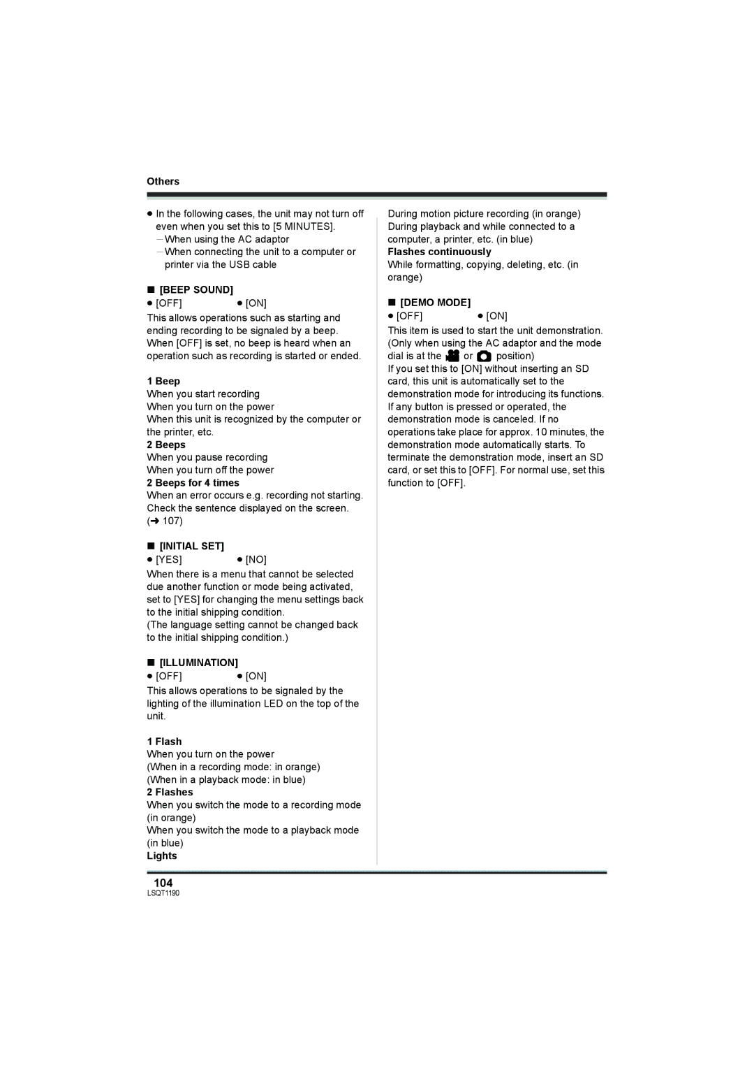 Panasonic SDR-H18, SDR-H200 operating instructions 104, Beep Sound, Initial SET, Illumination, Demo Mode 