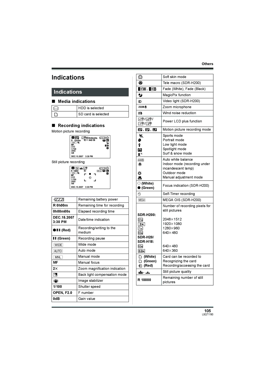 Panasonic SDR-H200, SDR-H18 operating instructions Indications, Media indications, Recording indications, 105 