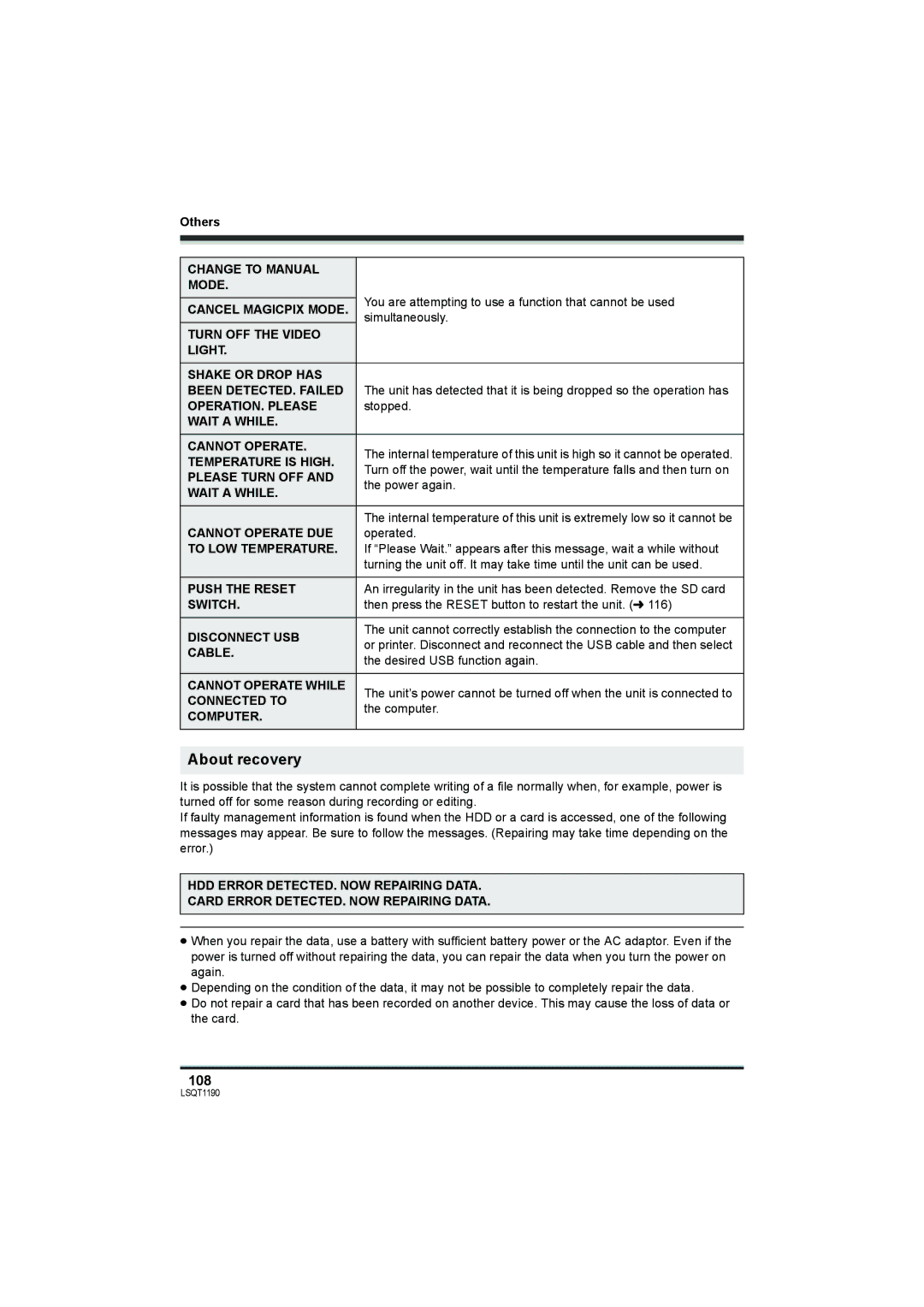 Panasonic SDR-H200, SDR-H18 operating instructions About recovery, 108 