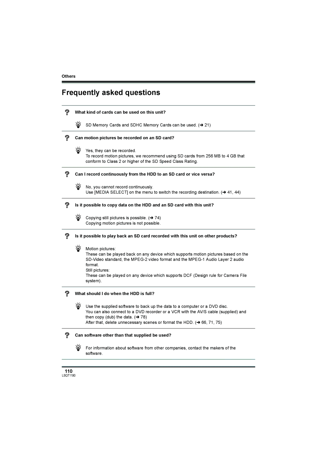 Panasonic SDR-H18, SDR-H200 operating instructions Frequently asked questions, 110 