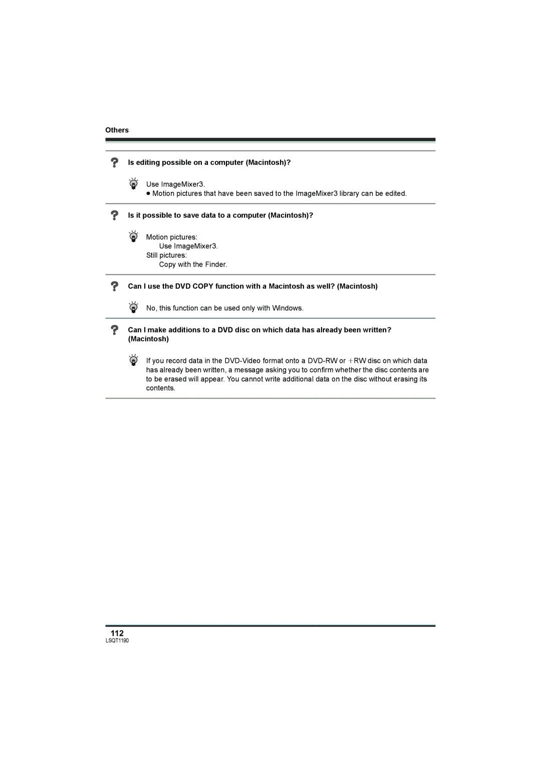 Panasonic SDR-H200, SDR-H18 operating instructions 112, Others Is editing possible on a computer Macintosh? 