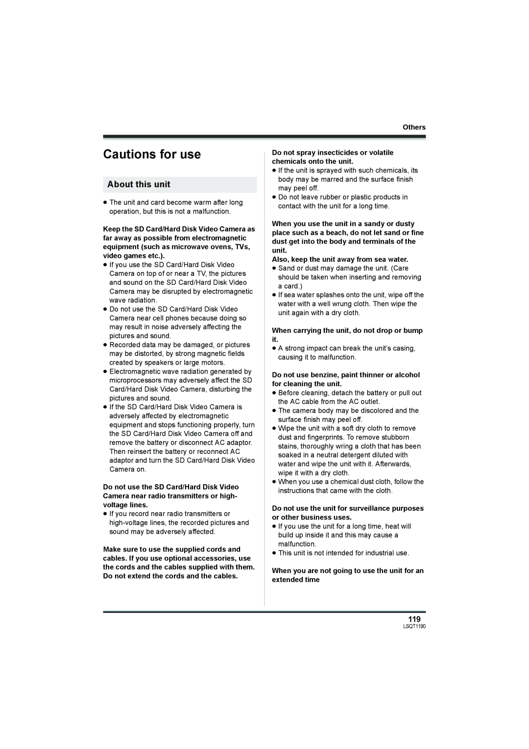 Panasonic SDR-H18, SDR-H200 operating instructions About this unit, 119, When carrying the unit, do not drop or bump it 