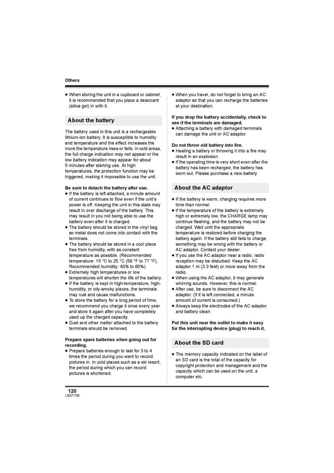 Panasonic SDR-H200, SDR-H18 operating instructions About the battery, About the AC adaptor, About the SD card, 120 