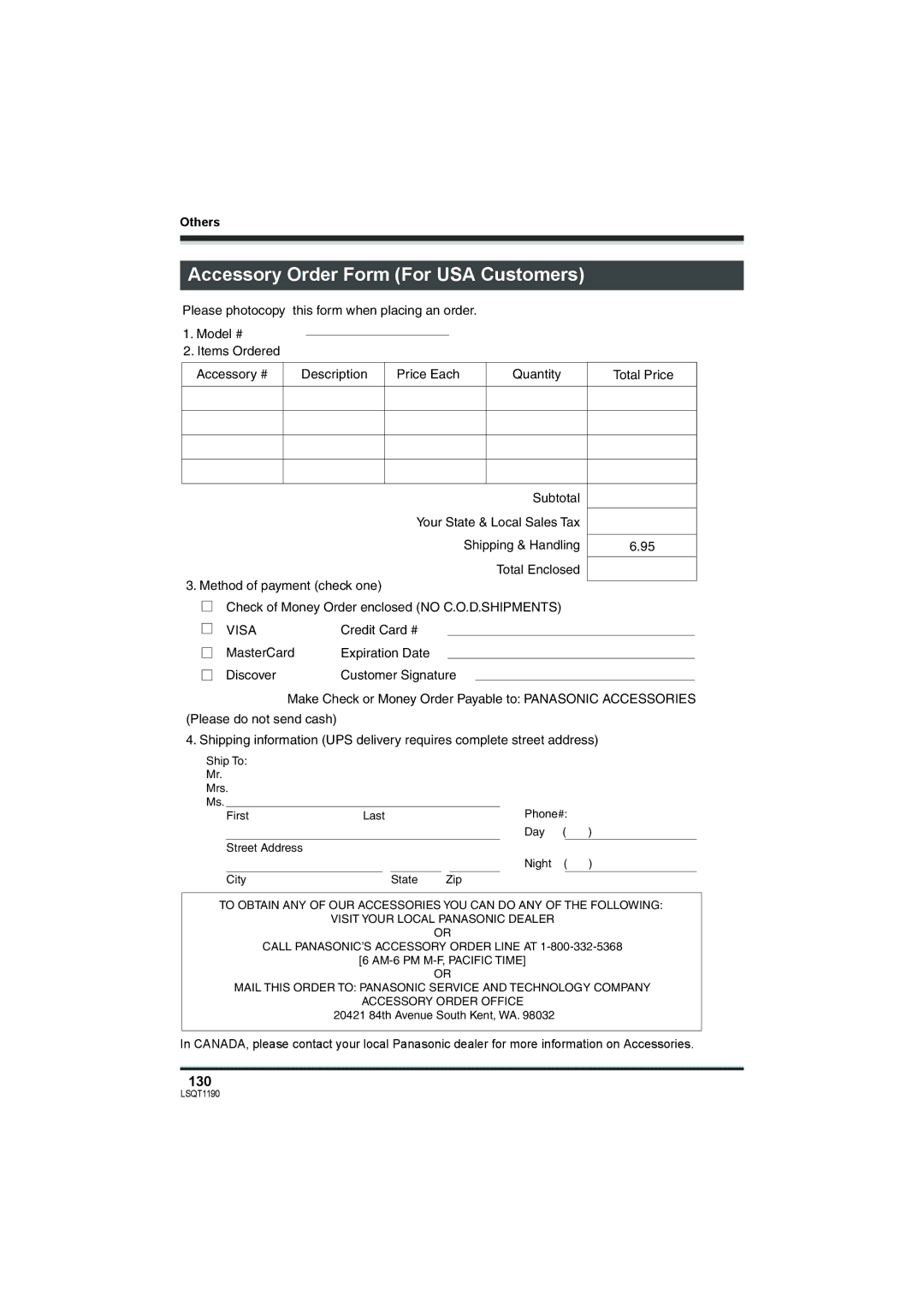 Panasonic SDR-H200, SDR-H18 operating instructions Accessory Order Form For USA Customers, 130 