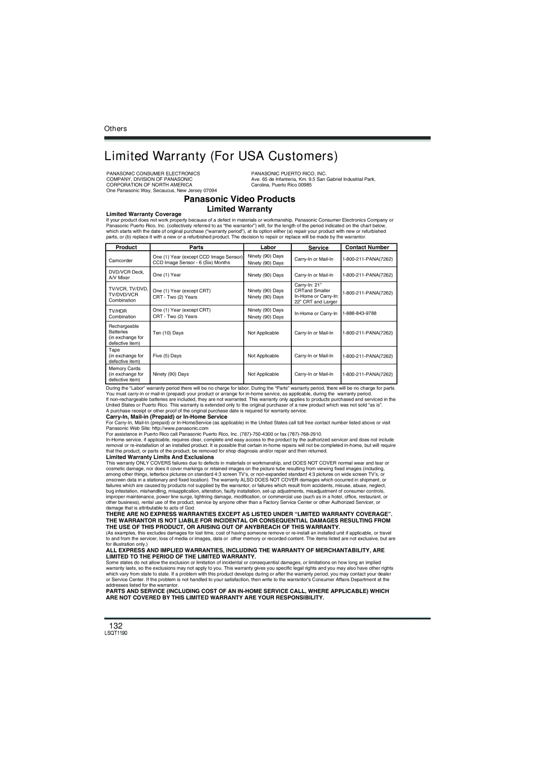 Panasonic SDR-H200, SDR-H18 operating instructions Limited Warranty For USA Customers, 132 