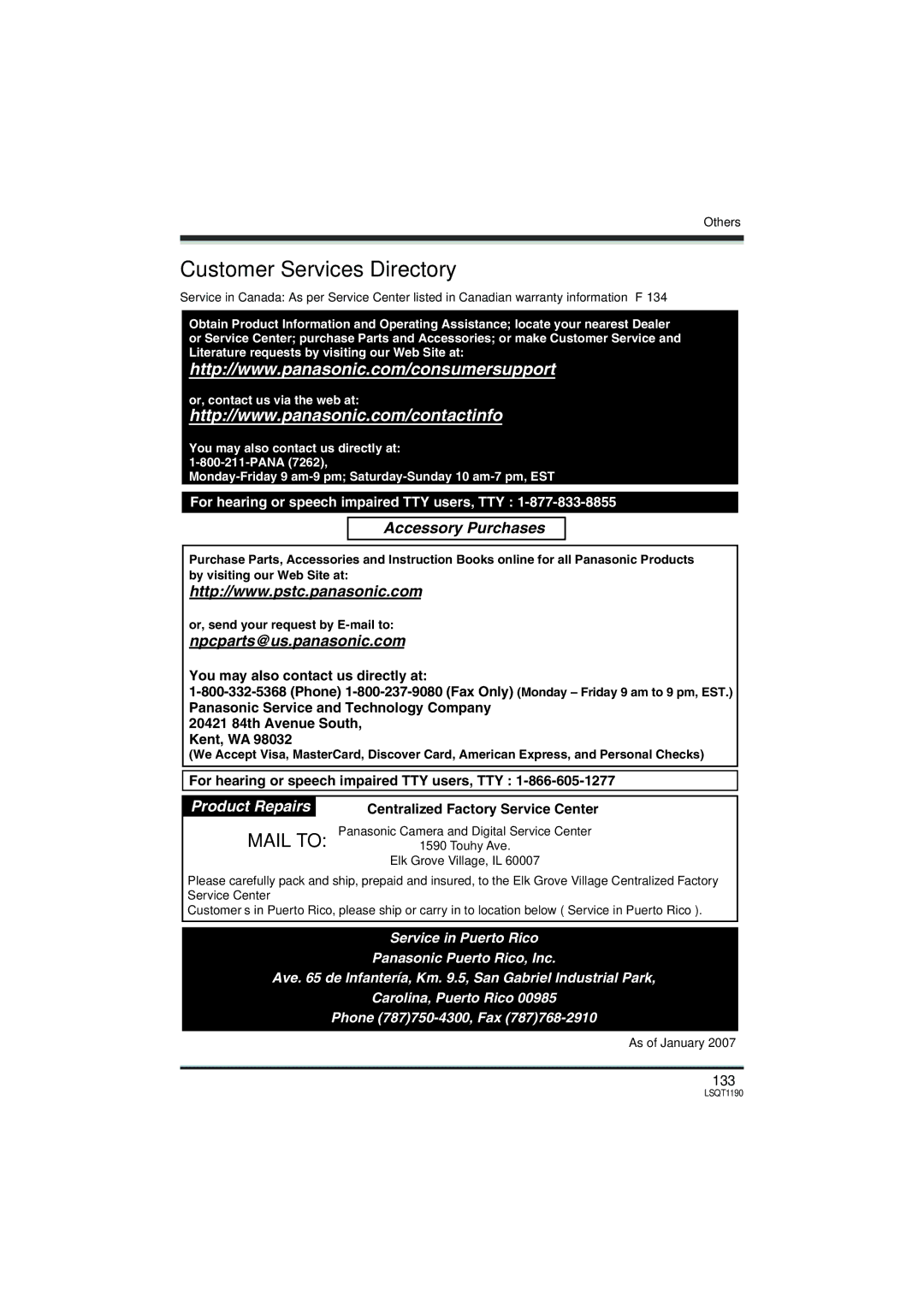 Panasonic SDR-H200, SDR-H18 operating instructions Customer Services Directory, 133 