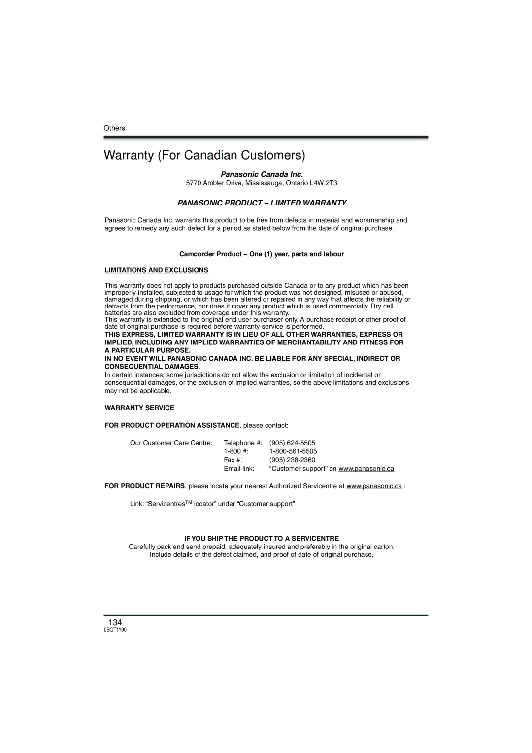 Panasonic SDR-H18, SDR-H200 operating instructions Warranty For Canadian Customers, 134 