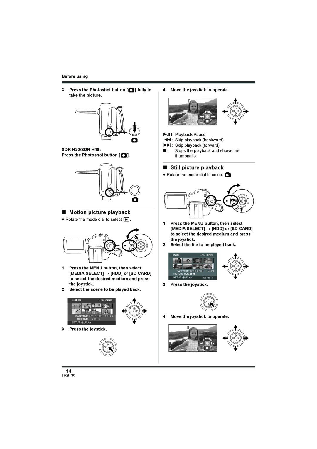 Panasonic SDR-H18, SDR-H200 operating instructions Motion picture playback, Still picture playback 