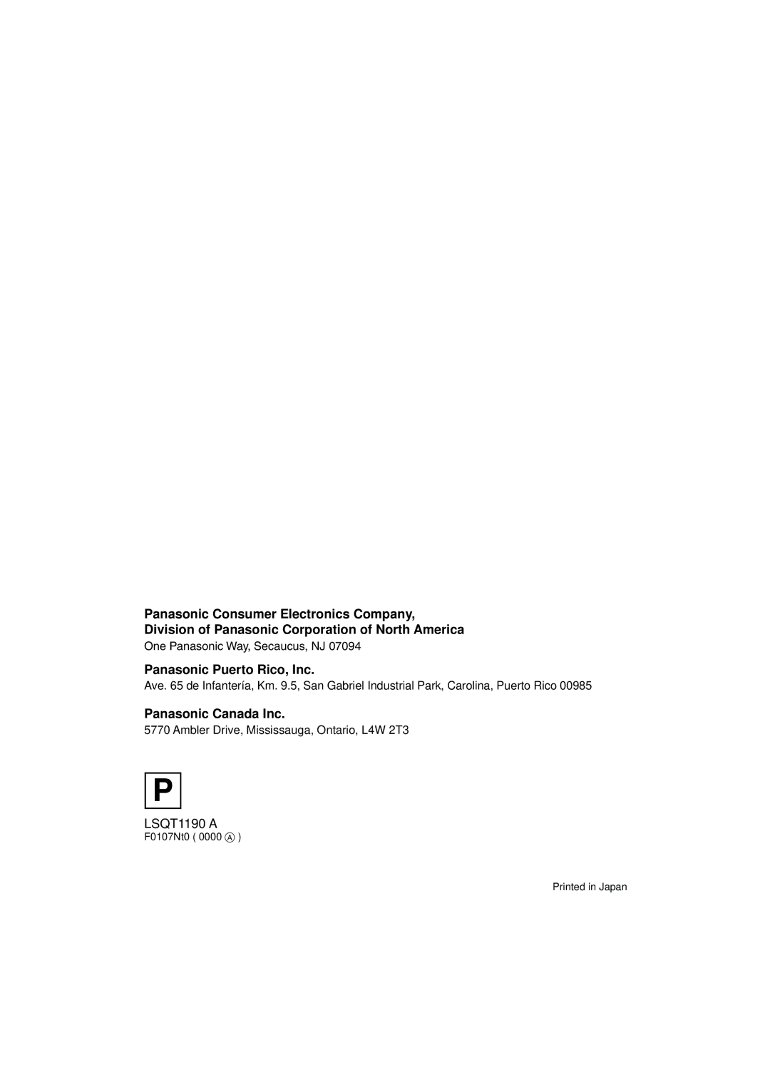 Panasonic SDR-H200, SDR-H18 operating instructions Panasonic Puerto Rico, Inc, Panasonic Canada Inc 