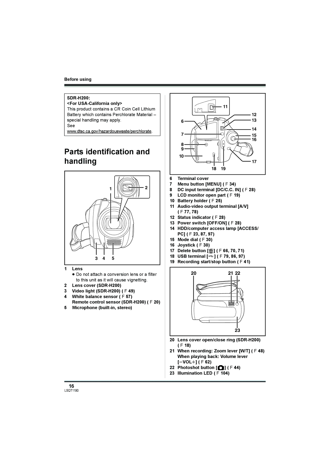 Panasonic SDR-H18 Parts identification and handling, Before using SDR-H200 For USA-California only, Lens 