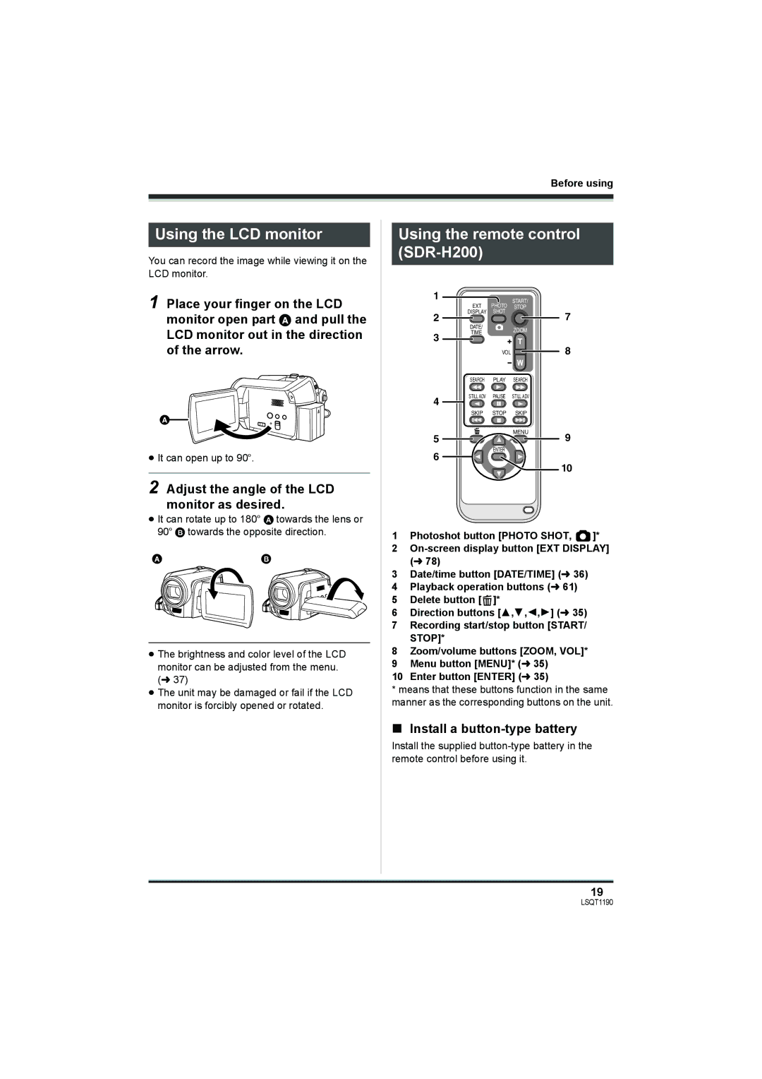 Panasonic Using the LCD monitor, Using the remote control SDR-H200, Adjust the angle of the LCD monitor as desired 