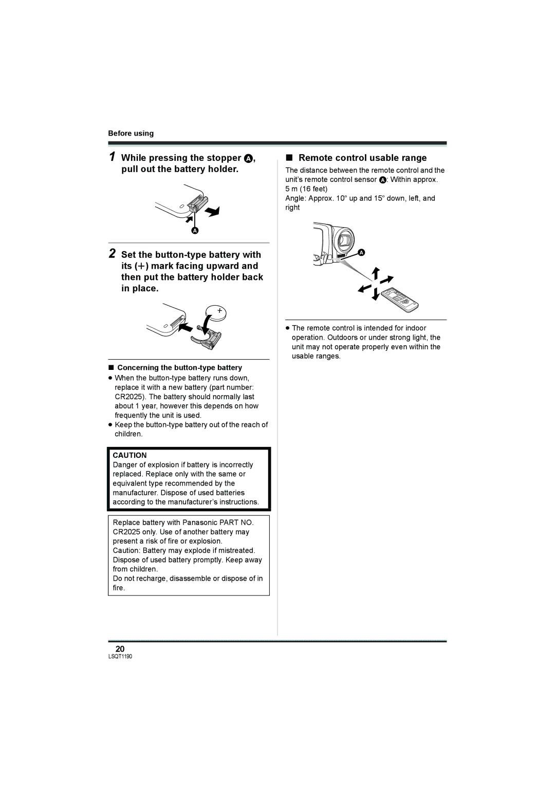 Panasonic SDR-H18, SDR-H200 operating instructions Remote control usable range, Concerning the button-type battery 