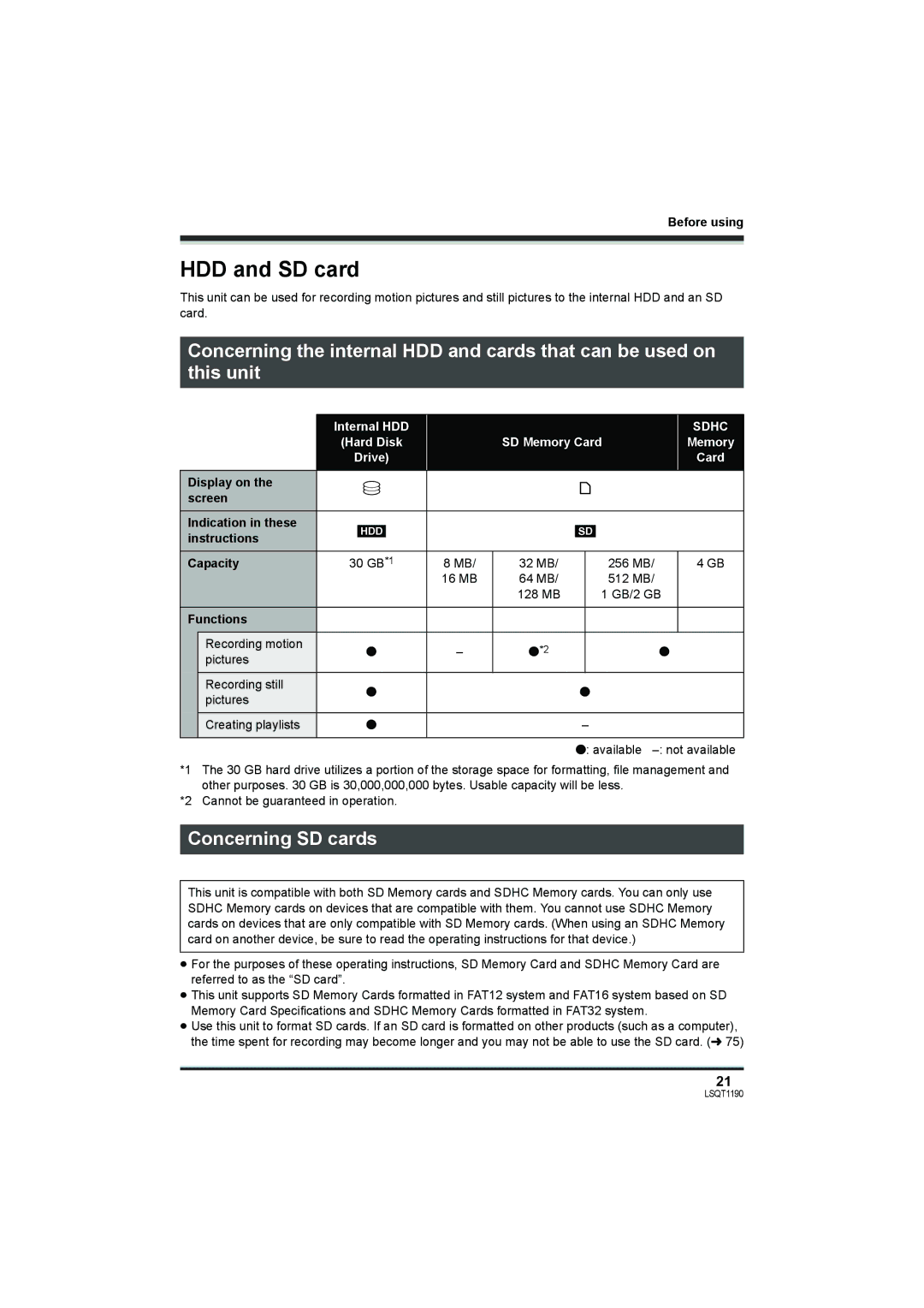 Panasonic SDR-H200, SDR-H18 operating instructions HDD and SD card, Concerning SD cards, Internal HDD, SD Memory Card 