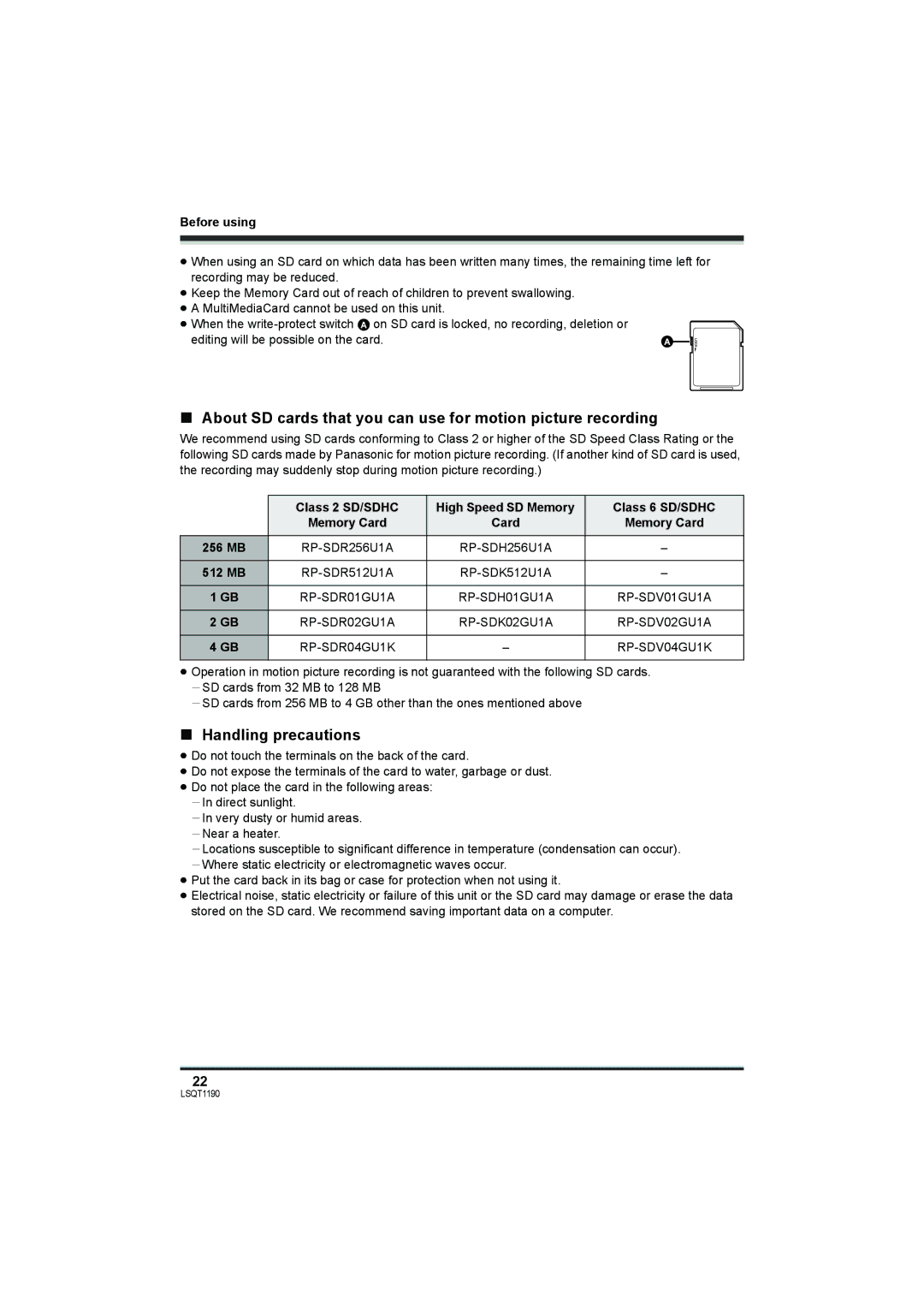 Panasonic SDR-H200, SDR-H18 Handling precautions, Class 2 SD/SDHC High Speed SD Memory Class 6 SD/SDHC 