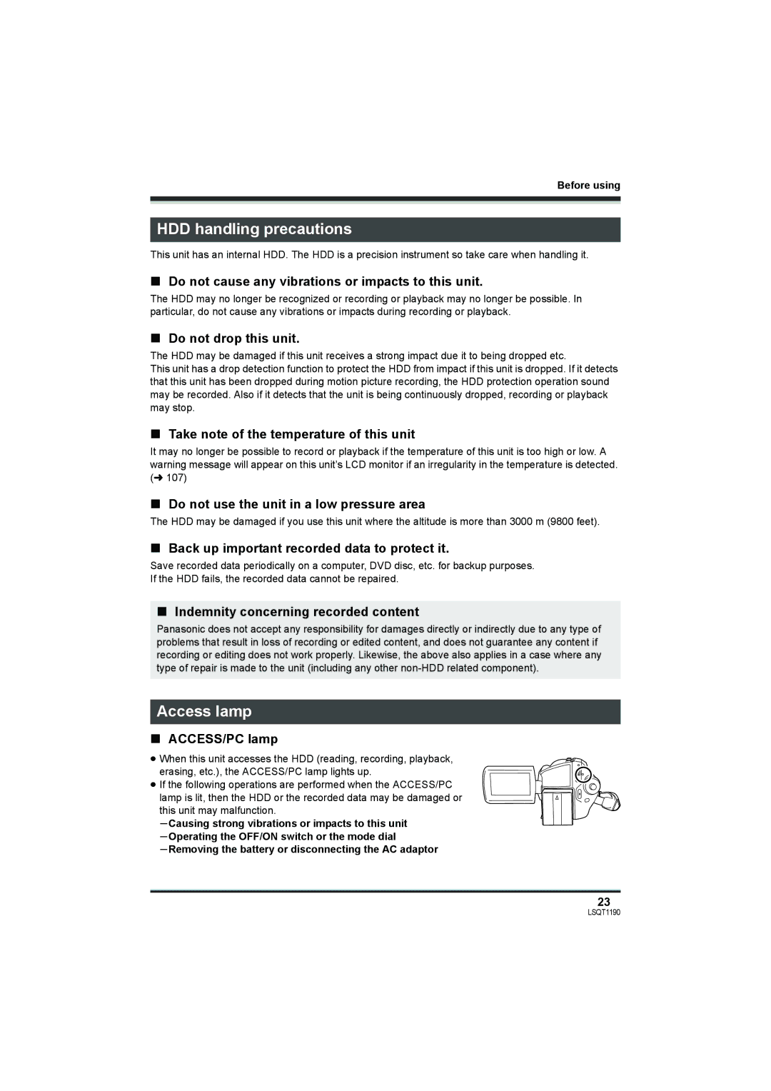 Panasonic SDR-H18, SDR-H200 operating instructions HDD handling precautions, Access lamp 