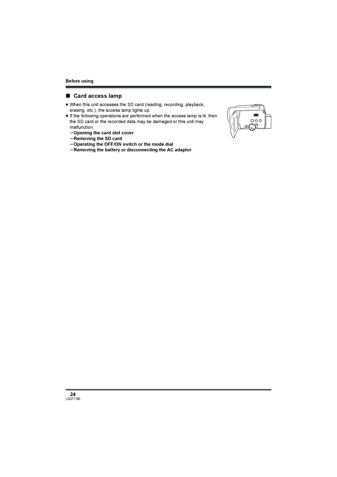 Panasonic SDR-H200, SDR-H18 operating instructions Card access lamp 