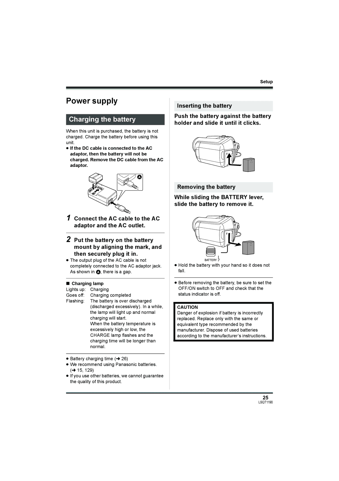 Panasonic SDR-H200, SDR-H18 Power supply, Charging the battery, Setup, Charging lamp Lights up Charging 