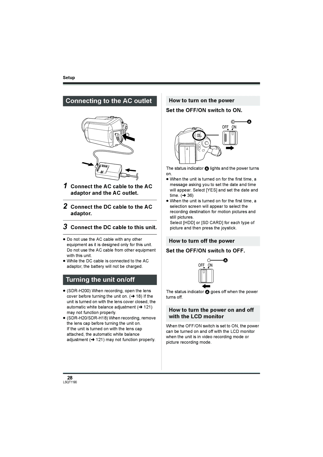 Panasonic SDR-H200, SDR-H18 operating instructions Connecting to the AC outlet, Turning the unit on/off 