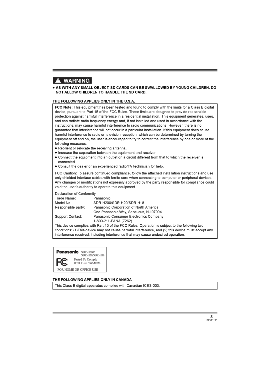 Panasonic SDR-H200, SDR-H18 operating instructions Following Applies only in Canada 