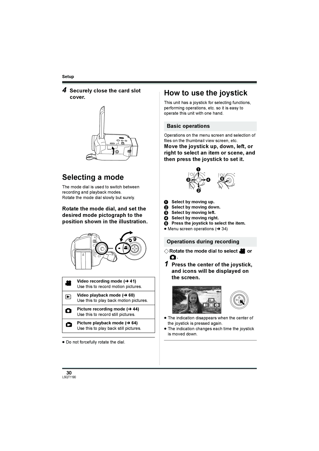 Panasonic SDR-H20, SDR-H18 Selecting a mode, How to use the joystick, Securely close the card slot cover, Basic operations 