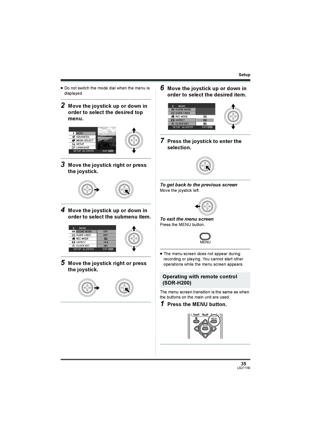 Panasonic SDR-H18 Operating with remote control SDR-H200, Press the Menu button, To get back to the previous screen 