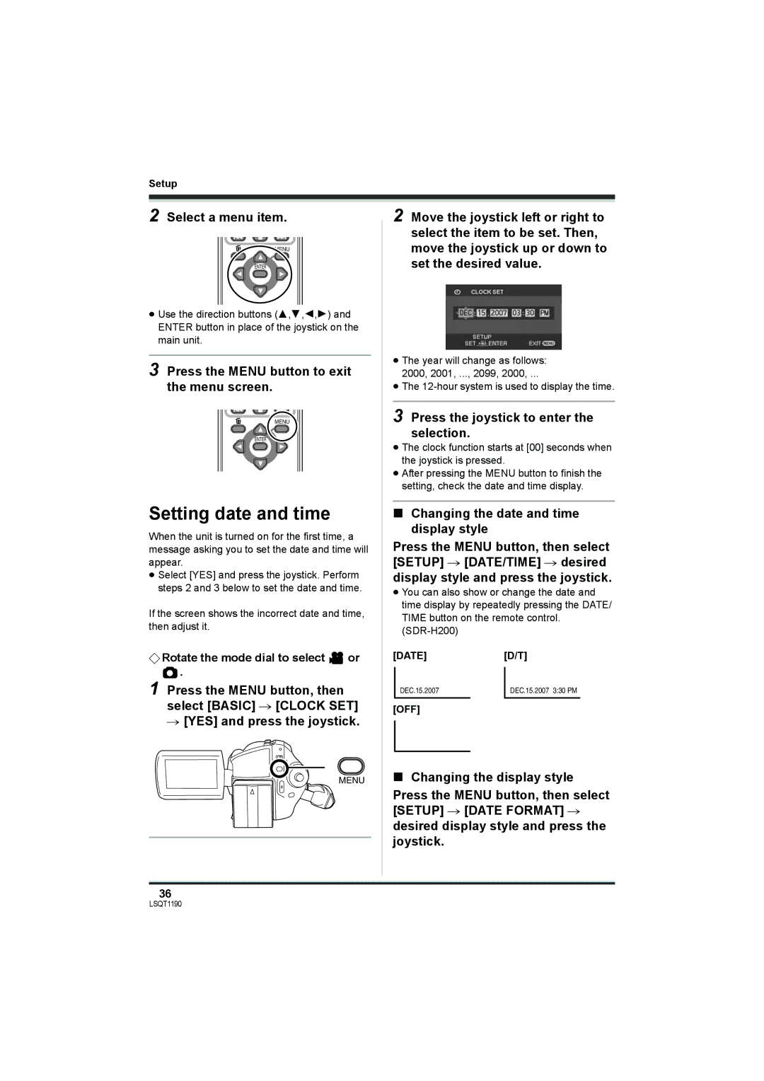 Panasonic SDR-H20 Setting date and time, Select a menu item, Press the Menu button to exit the menu screen, Dated/T, Off 