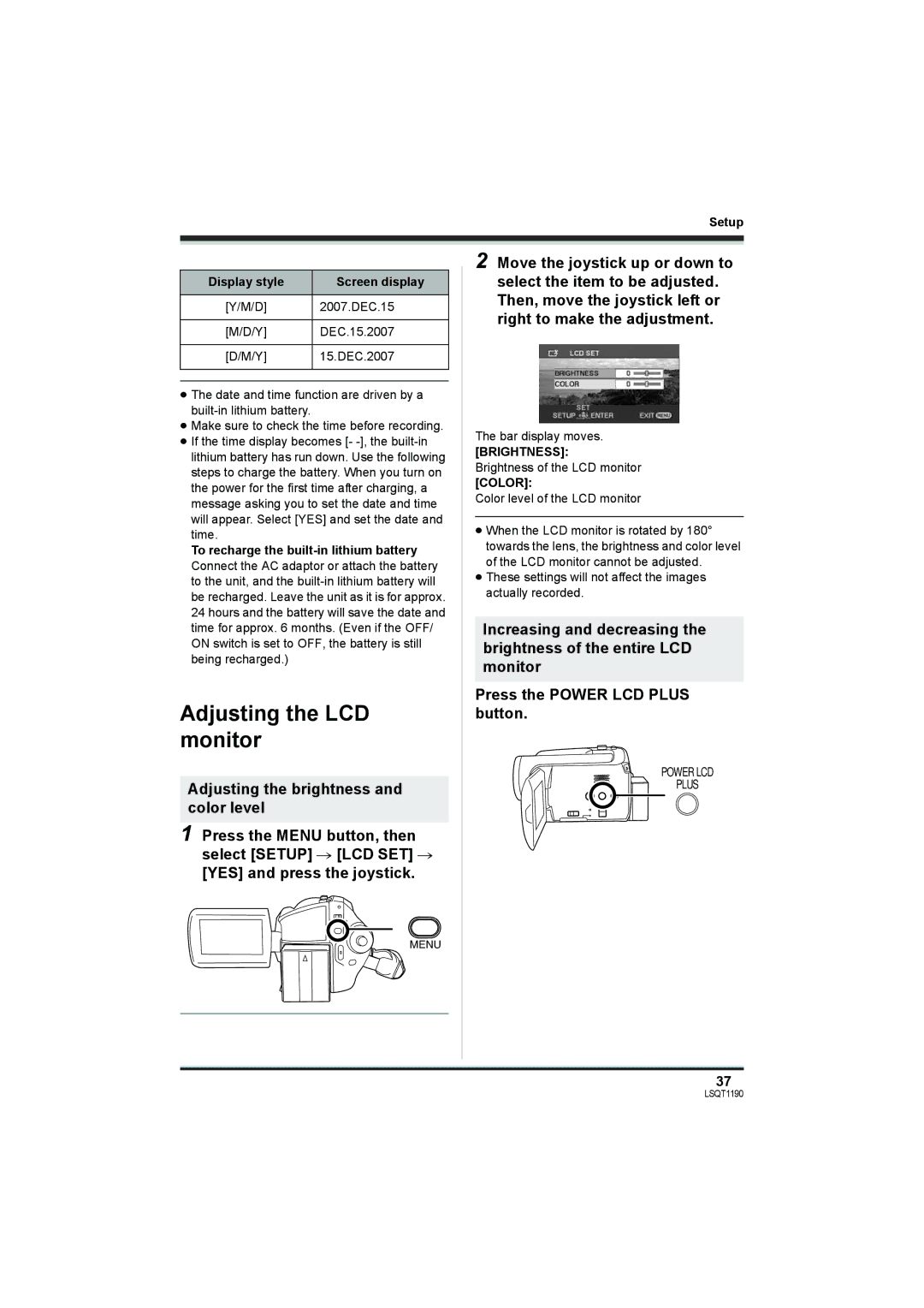 Panasonic SDR-H200, SDR-H18 Adjusting the LCD monitor, Setup Display style Screen display, Brightness, Color 