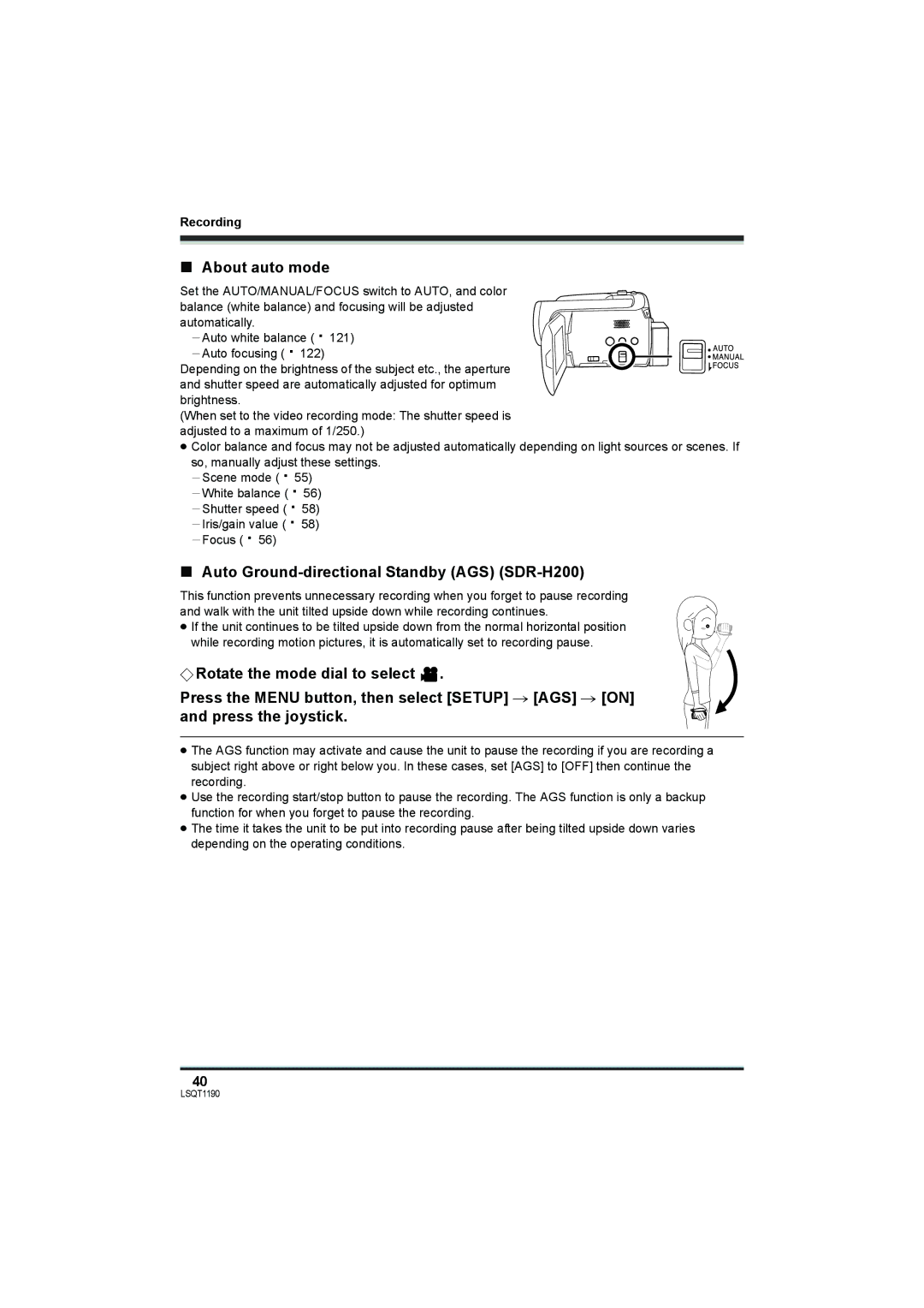 Panasonic SDR-H18 operating instructions About auto mode, Auto Ground-directional Standby AGS SDR-H200 