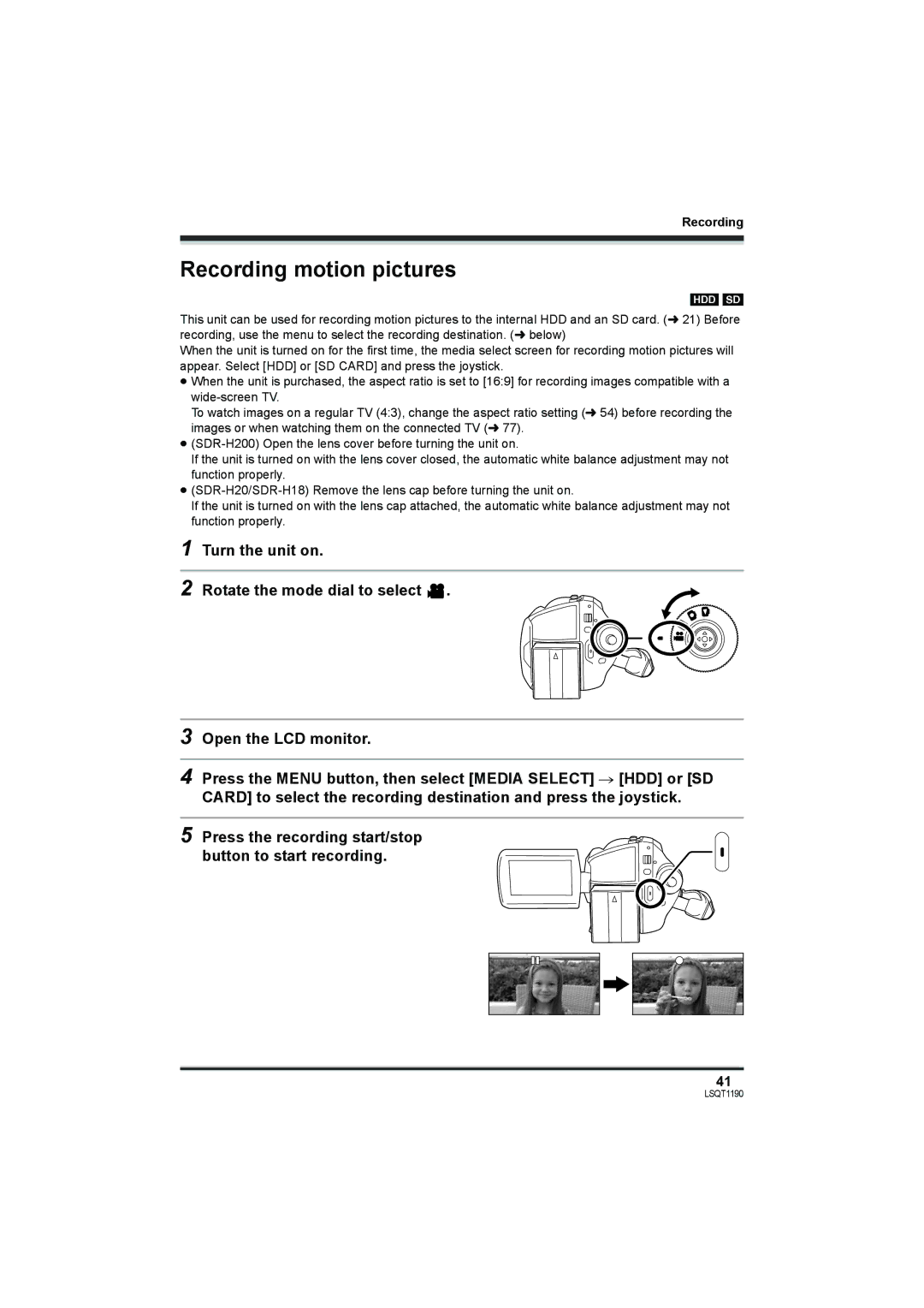 Panasonic SDR-H18, SDR-H200 operating instructions Recording motion pictures 