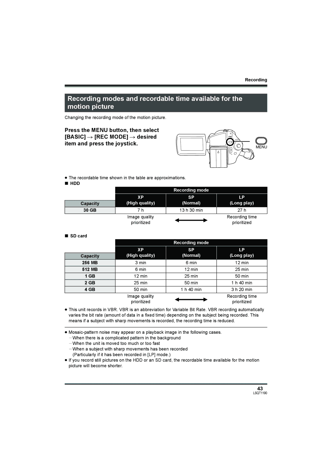 Panasonic SDR-H200, SDR-H18 operating instructions Hdd, Recording mode, High quality Normal Long play 30 GB 13 h 30 min 