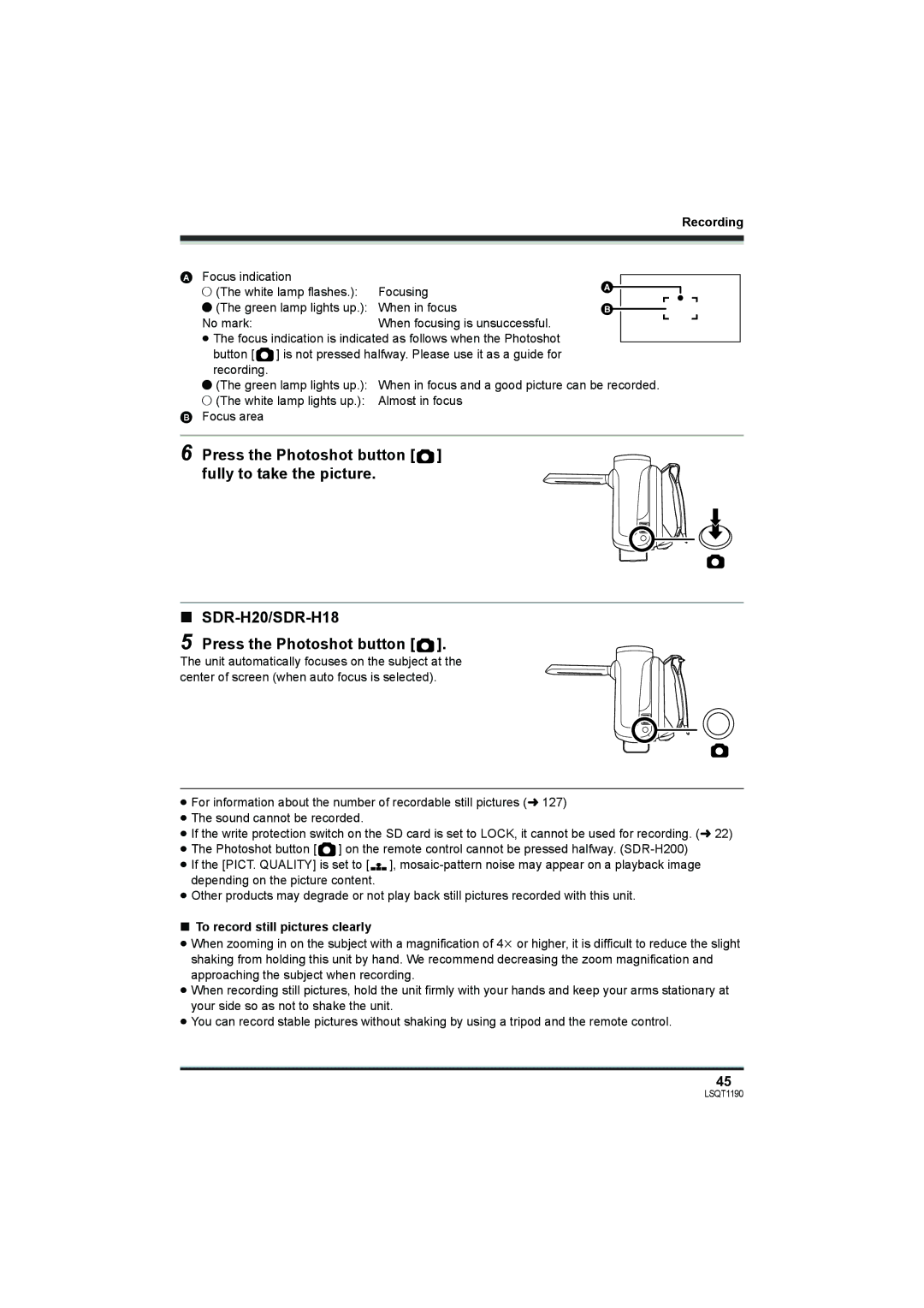 Panasonic SDR-H200, SDR-H18 operating instructions To record still pictures clearly 