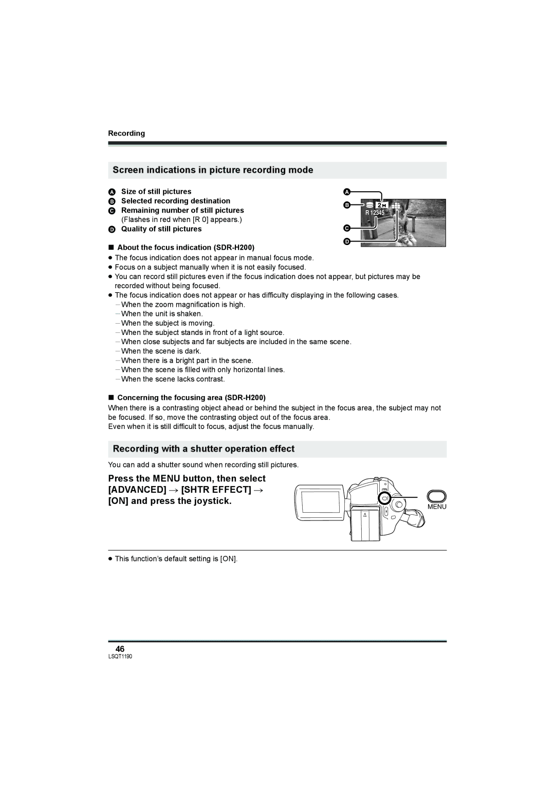 Panasonic SDR-H200, SDR-H18 Screen indications in picture recording mode, Recording with a shutter operation effect 