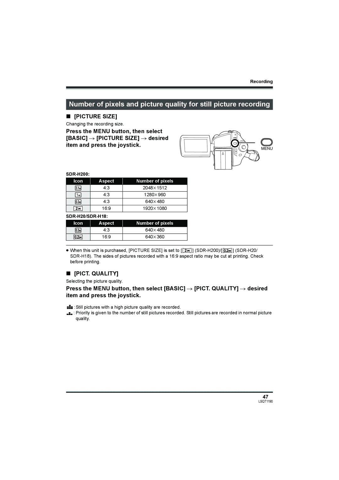 Panasonic SDR-H18, SDR-H200 operating instructions Picture Size, Icon Aspect Number of pixels 