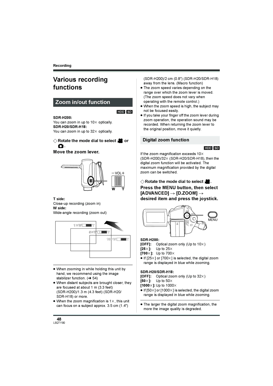 Panasonic SDR-H20 Zoom in/out function, Move the zoom lever, Digital zoom function, ¬ Rotate the mode dial to select, Side 