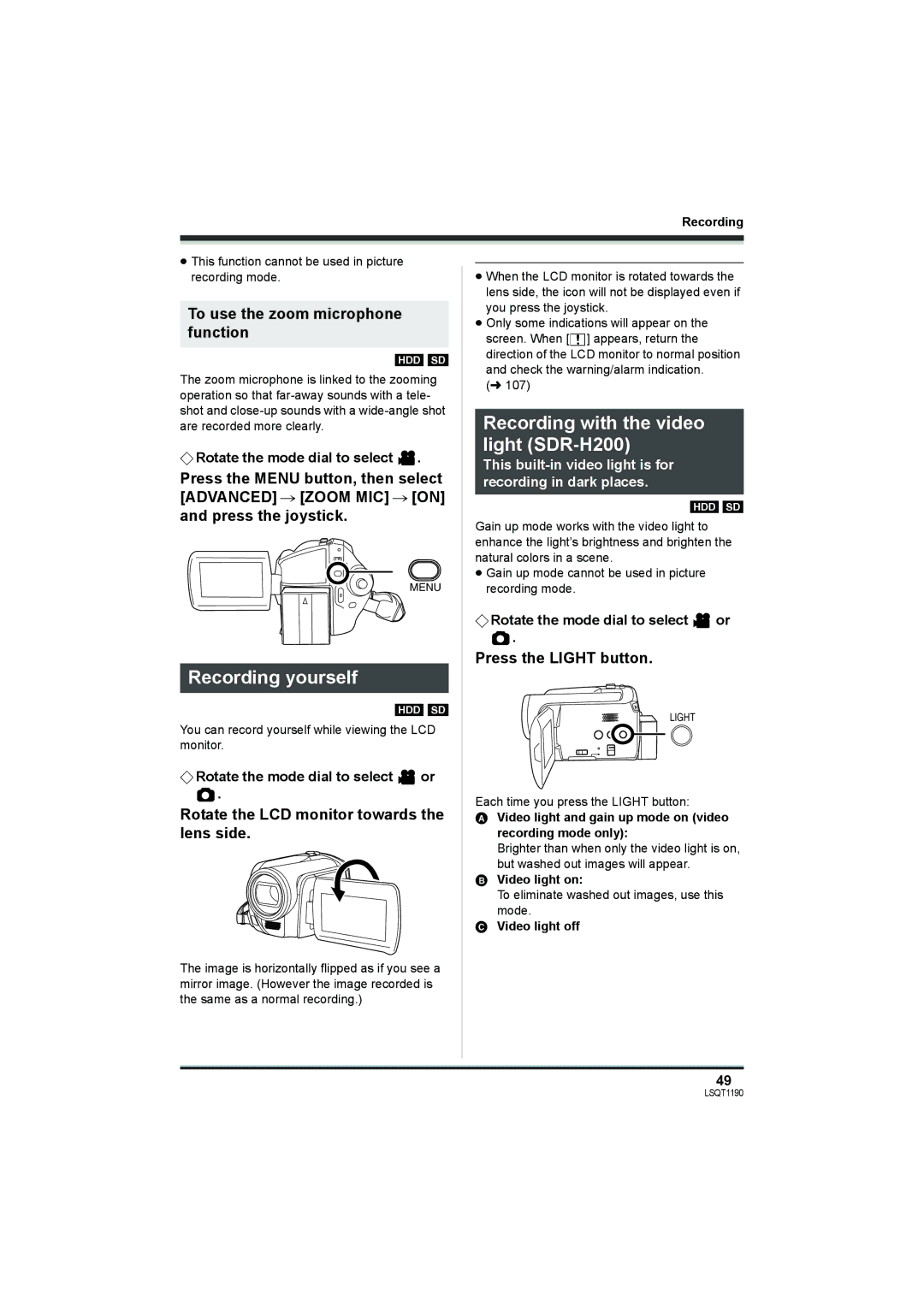 Panasonic SDR-H18 Recording yourself, Recording with the video light SDR-H200, To use the zoom microphone function 