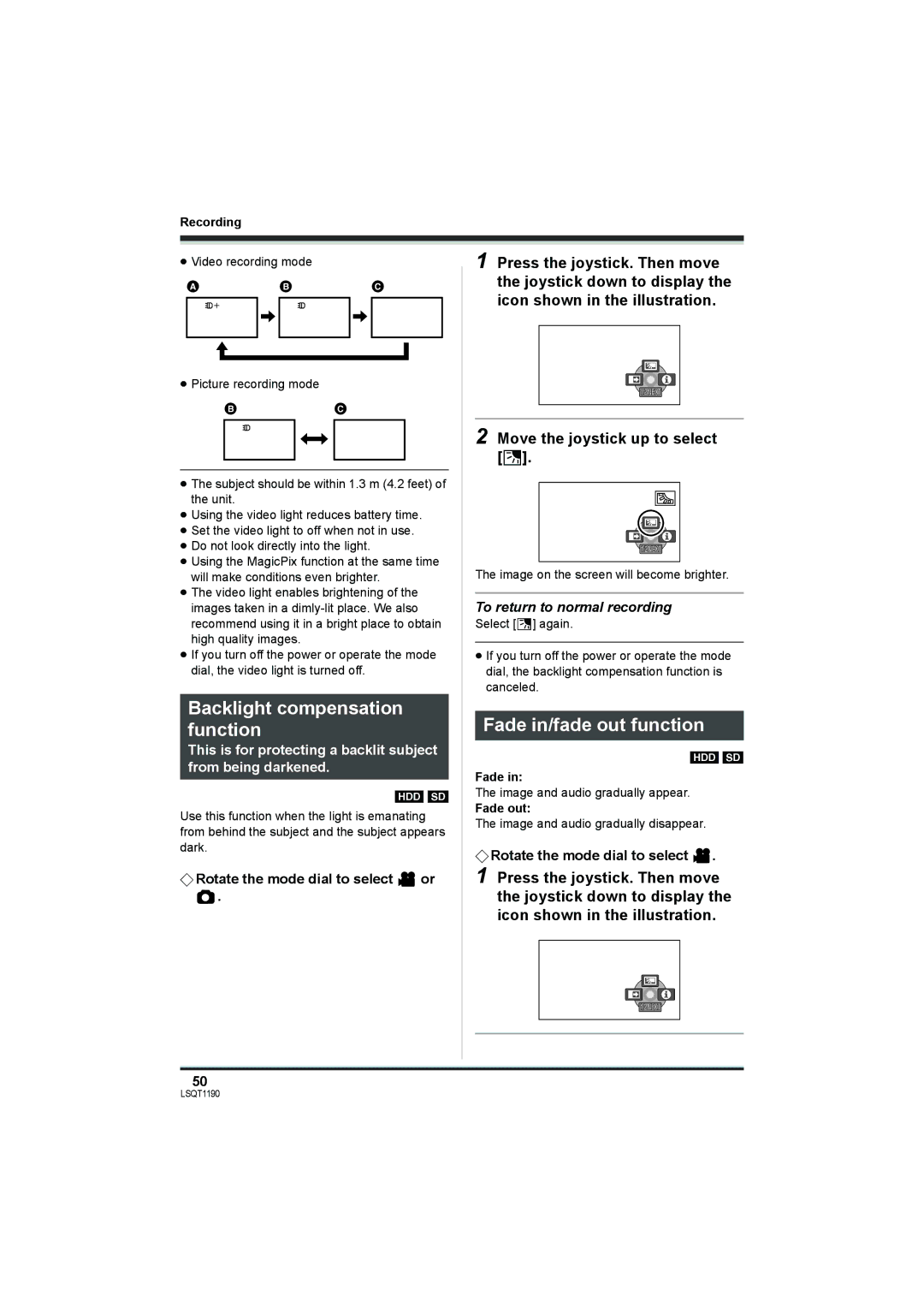 Panasonic SDR-H18, SDR-H20 Backlight compensation function, Fade in/fade out function, Move the joystick up to select ª 