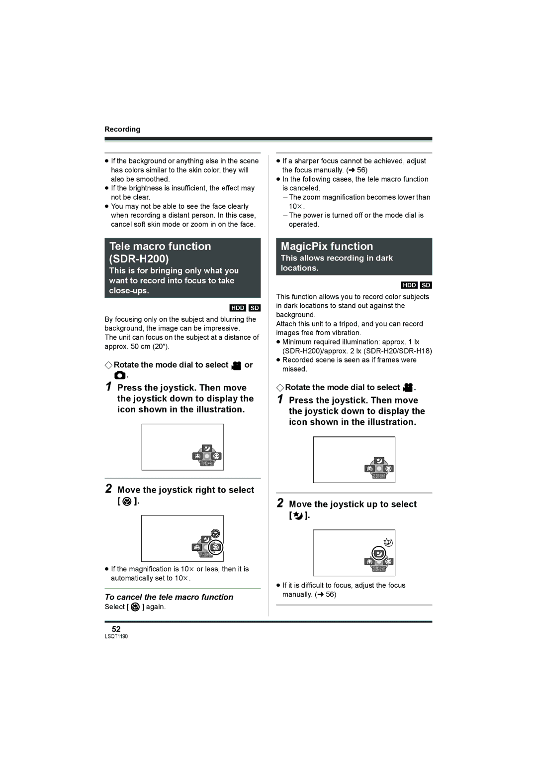 Panasonic SDR-H18 operating instructions Tele macro function SDR-H200, MagicPix function, Move the joystick up to select 