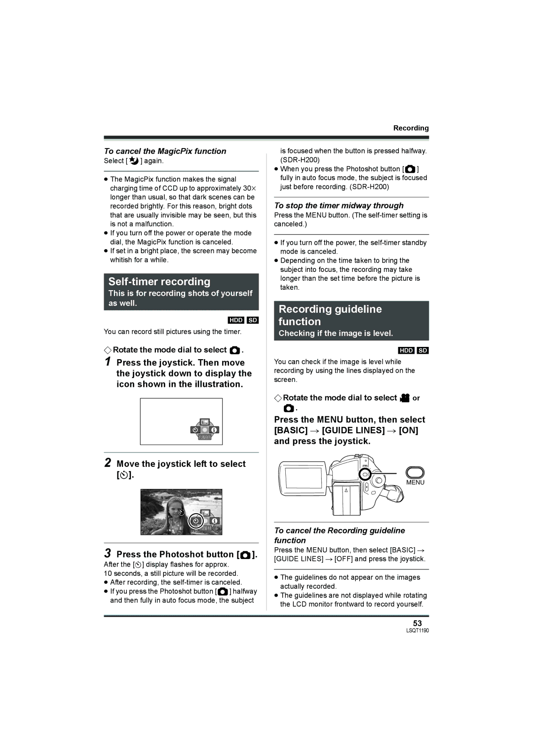 Panasonic SDR-H18, SDR-H200 Self-timer recording, Recording guideline function, Move the joystick left to select Ø 