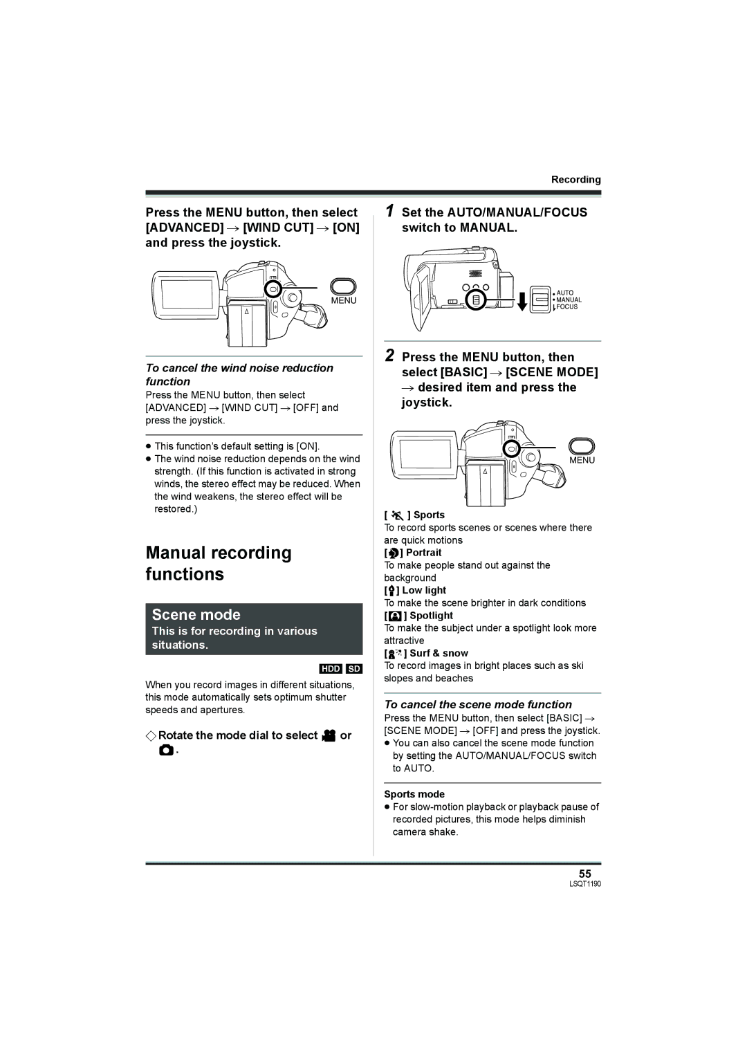 Panasonic SDR-H200, SDR-H18 Scene mode, To cancel the wind noise reduction function, To cancel the scene mode function 