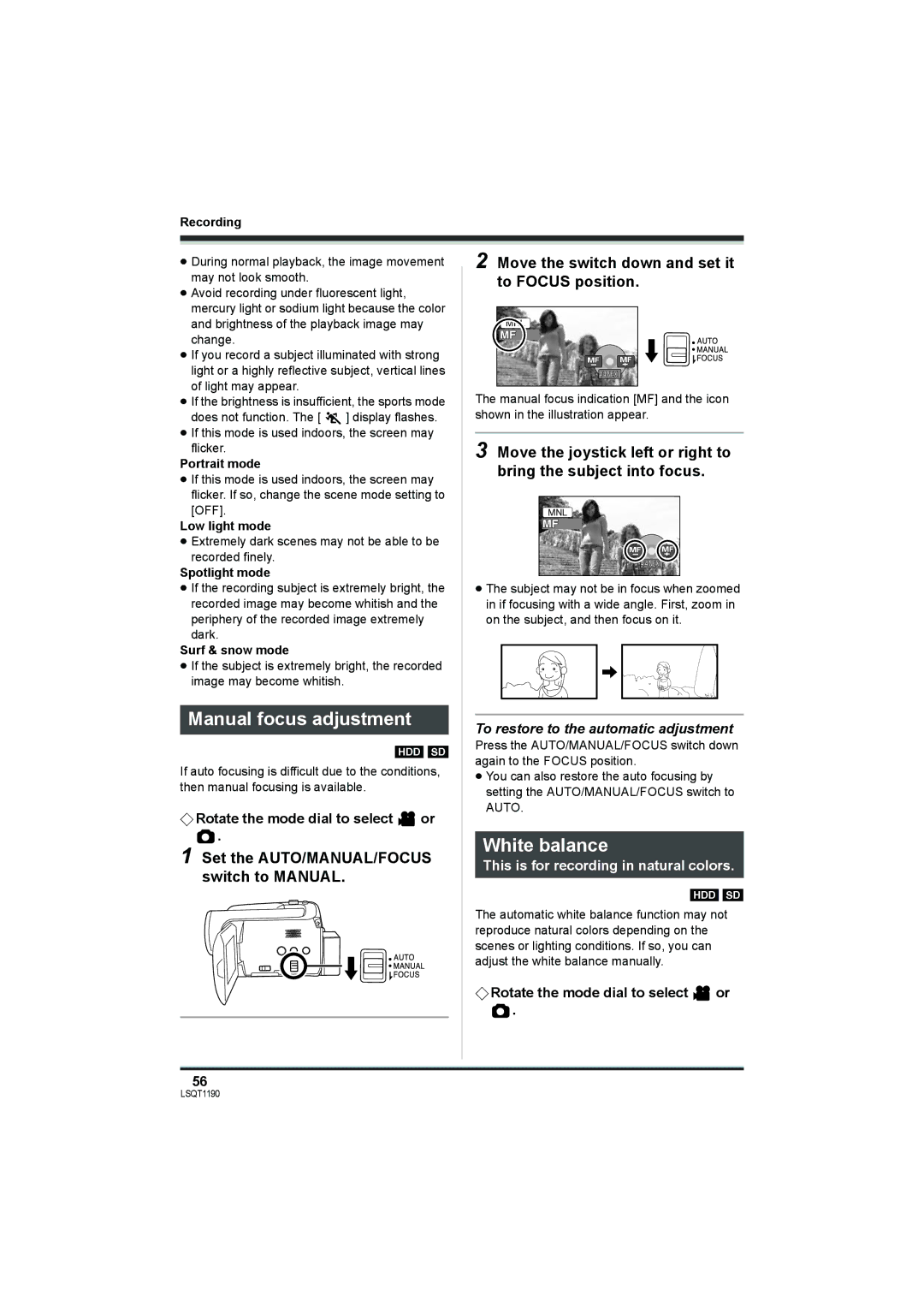 Panasonic SDR-H18, SDR-H200 Manual focus adjustment, White balance, To restore to the automatic adjustment 