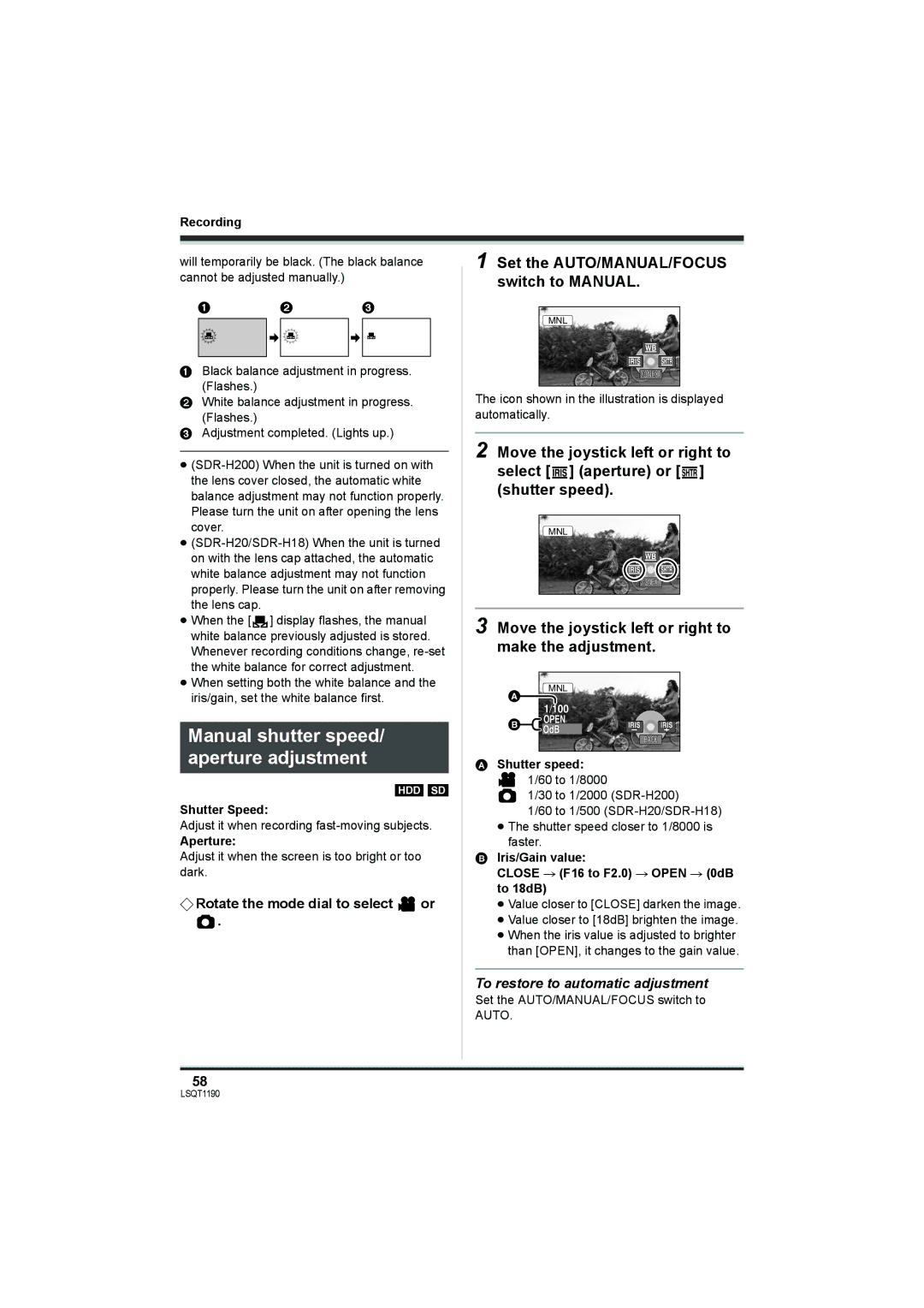 Panasonic SDR-H200 Manual shutter speed/ aperture adjustment, Move the joystick left or right to make the adjustment 