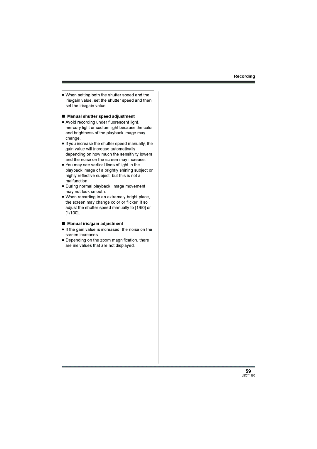 Panasonic SDR-H18, SDR-H200 operating instructions Manual shutter speed adjustment, Manual iris/gain adjustment 