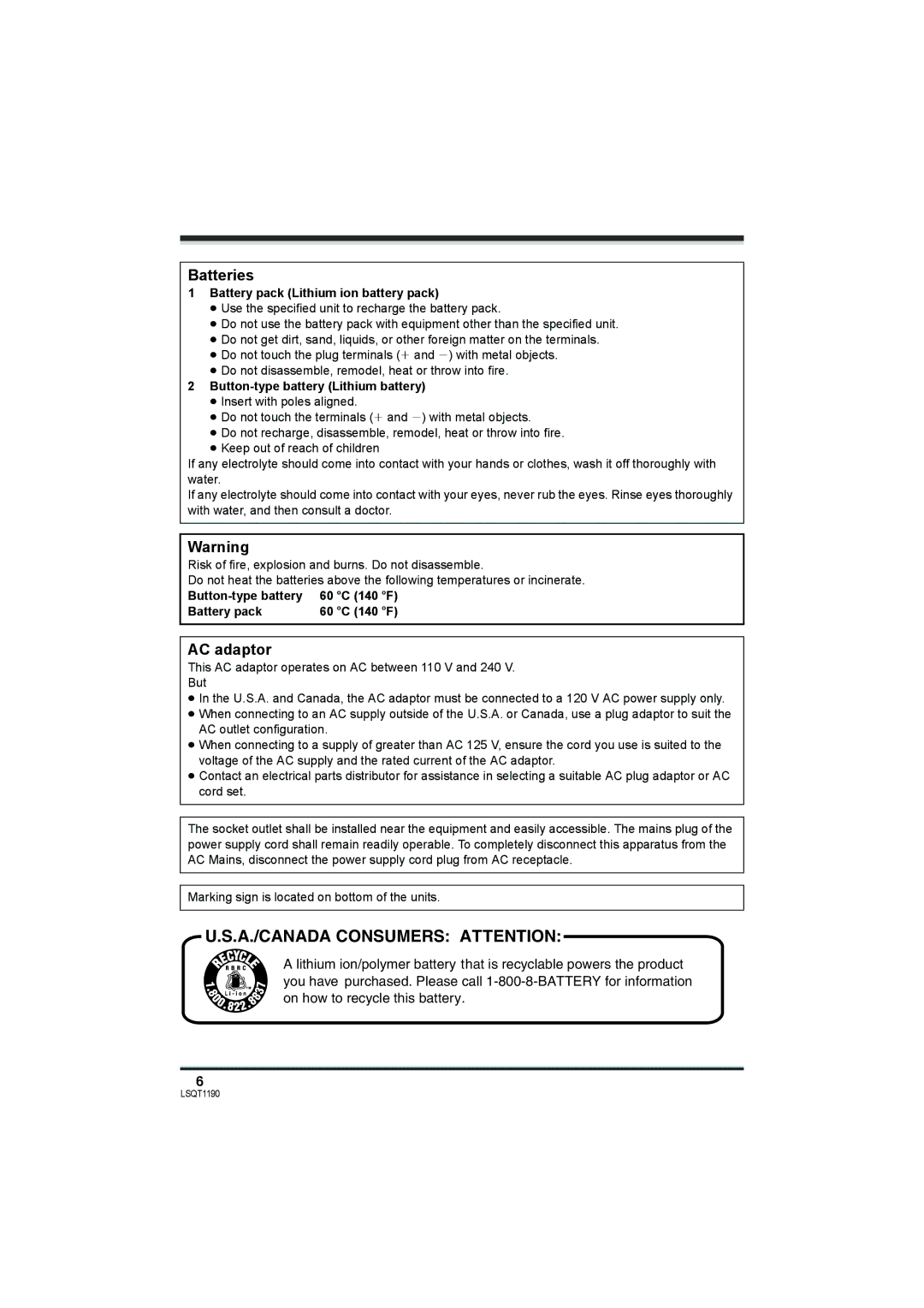 Panasonic SDR-H200, SDR-H18 operating instructions Batteries, AC adaptor 