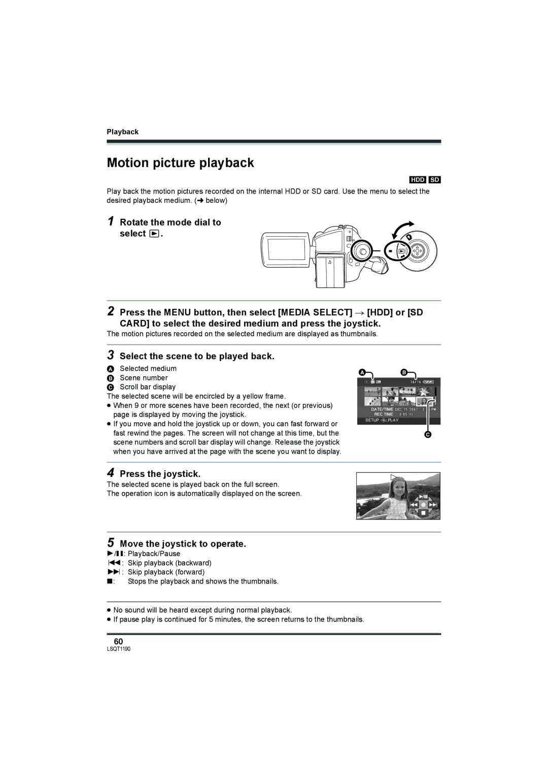 Panasonic SDR-H200, SDR-H18 Motion picture playback, Select the scene to be played back, Press the joystick, Playback 