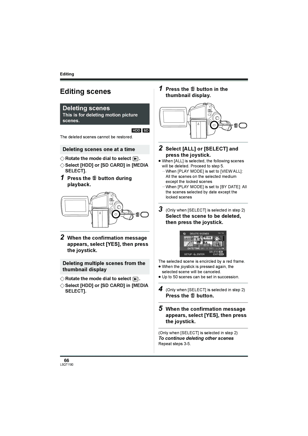 Panasonic SDR-H200, SDR-H18 Editing scenes, Deleting scenes one at a time, To continue deleting other scenes 